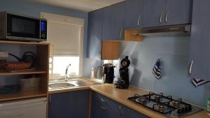 cocina con armarios azules, fogones y fregadero en Chalet Sonnenschein en Bredene