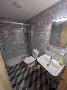 uma casa de banho com um WC, um lavatório e um espelho. em Apartamentos Rurales Mazaleón em Mazaleón