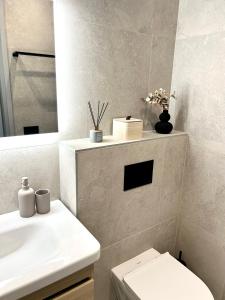a bathroom with a sink and a toilet and a mirror at Esplanaadi Residences in Pärnu
