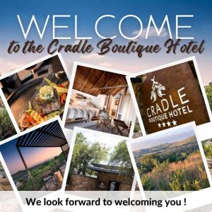 uma colagem de fotos com as palavras bem-vindos ao hotel prairie em Cradle Boutique Hotel em Lanseria