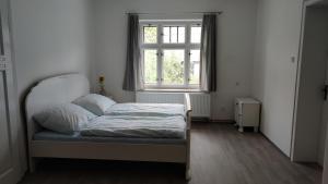a bedroom with a bed in front of a window at Penzion Hodky in Světlá pod Ještědem