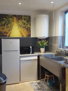een keuken met een wastafel en een aanrecht bij Logement à 6 minutes du parc des expositions. in Chavagne