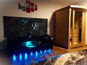 a bathroom with a bath tub with blue lights at HUNOR Vendégház in Sátoraljaújhely +61 photos