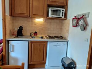 una cocina con un gato negro sentado en el mostrador en Chez Angie et Fanny - Résidence l'Horizon Blanc, en La Joue du Loup