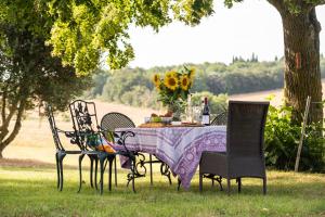 a table with a purple table cloth on it in the grass at La Segonne in Montréal