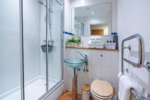 a bathroom with a shower and a toilet and a sink at Mailbox 2 bed Apartment Birmingham City Centre - Free Parking in Birmingham +14 photos