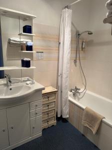 ein Badezimmer mit einem Waschbecken, einer Badewanne und einer Dusche in der Unterkunft Gite Des Vignes in Verdigny