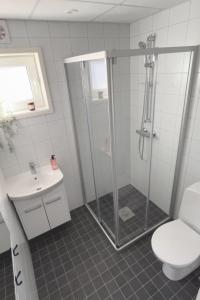 y baño con ducha, aseo y lavamanos. en Terrassen 57 in Kungsberget - Your home away from home, en Järbo