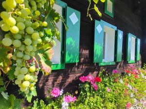 een bos druiven en bloemen voor een gebouw bij Ferienhaus Müller Bauernhaus in Sankt Stefan ob Stainz