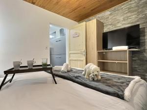 a bedroom with a large bed with a tv on it at Appartement 6 personnes - 1 chambre - 4 lits - Netflix & wifi haut débit - Parking couvert in Tignes