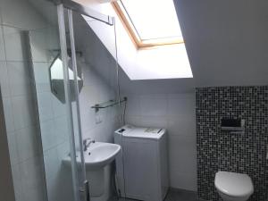 La salle de bains est pourvue de toilettes, d'un lavabo et d'une lucarne. dans l'établissement Misko Apartaments, à Kaunas