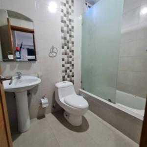 y baño con aseo, lavabo y ducha. en Apartamento completo en Bella vista 1 o 2 dormitorios, en Santo Domingo