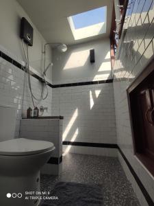a bathroom with a toilet and a skylight at Humz Canal Stay in Nonthaburi