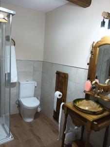 y baño con aseo, lavabo y espejo. en La Casa Vieja Turismo Rural, en San Justo de la Vega