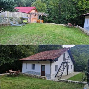 two pictures of a house and a building at Cabana dintre munti in Gureni