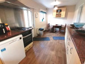 uma cozinha com um fogão e uma bancada em Cartref Bach em Llanybyther