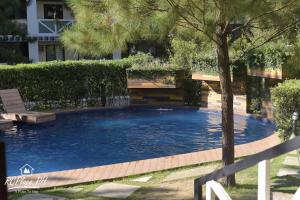 a large blue pool with a bench and a tree at RcplacePH at Pinesuites Tagaytay in Tagaytay