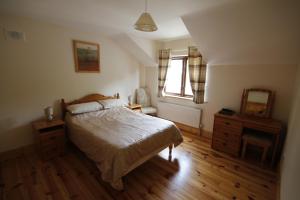 Schlafzimmer mit einem Bett, einer Kommode und einem Spiegel in der Unterkunft Macreddin Rock Bed & Breakfast in Aughrim