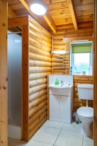 baño con paredes de madera, aseo y lavamanos en Kingfisher Lodge en Selby