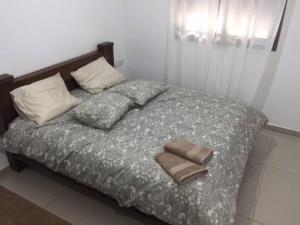 a bed with two blankets and two pillows on it at Tze'elam gardens super special NO Airbnb FEE's WOW in Zanoaẖ