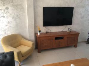 a living room with a television and a chair at Tze'elam gardens super special NO Airbnb FEE's WOW in Zanoaẖ