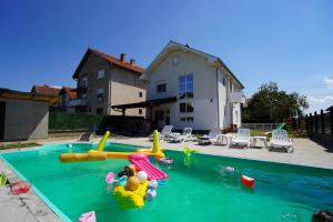einem Pool mit Wasserrutsche und Spielzeug in der Unterkunft Kuća za odmor DUNJA in Kladovo
