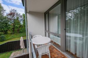 einen Balkon mit einem Tisch und Stühlen sowie einem Fenster in der Unterkunft Ferienwohnpark Immenstaad am Bodensee Ein-Zimmer-Apartment 49 17 in Immenstaad am Bodensee