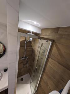 La salle de bains est pourvue d'une douche avec une porte en verre. dans l'établissement Le Sasha, à Chamonix-Mont-Blanc