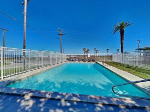 a swimming pool with a white fence and palm trees at Harbor Lights Cottages 3 in Rockport