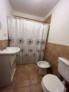 a bathroom with a shower curtain and a toilet and a sink at Departamento de dos dormitorios y terraza con asador in Yerba Buena