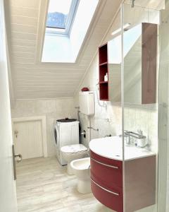 een badkamer met een wastafel, een toilet en een dakraam bij Appartamento Stella in Andalo