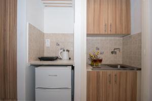 una pequeña cocina con fregadero y lavavajillas en Dora Studios, en Laganas