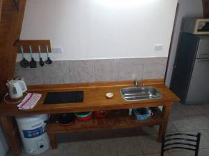 eine Küchentheke mit einer Spüle neben einer Arbeitsplatte in der Unterkunft Amancay Cabaña alpina en Valle Fértil in San Agustín de Valle Fértil