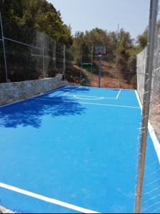 a blue tennis court with a basketball hoop at Villa VaKo in Vathí