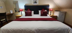 1 dormitorio con 1 cama blanca grande con almohadas rojas en Lagoon Lodge, en Knysna