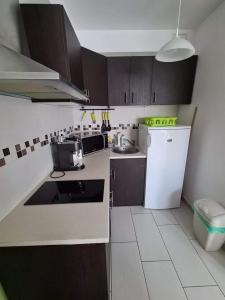 a small kitchen with brown cabinets and a white refrigerator at SmartHomeApartman in Hajdúszoboszló