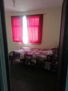 1 dormitorio con 1 cama y una ventana con cortinas rosas en casa 2 pisos tultitlan, en Ciudad de México