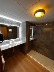 Hotel Santa Bàrbara De La Vall D'ordino في أوردينو: حمام مع حوض ومرآة