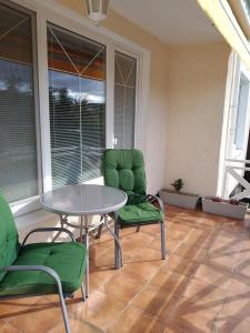 patio ze stołem i 2 zielonymi krzesłami w obiekcie Apartment Krnov w Karniowie