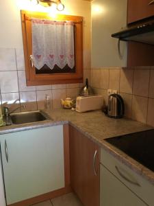 a kitchen with a sink and a counter top at chalet de la haute fontaine in Anould