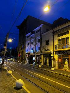 una calle de la ciudad por la noche con edificios y luces de la calle en Casa Bucovineană, en Iaşi