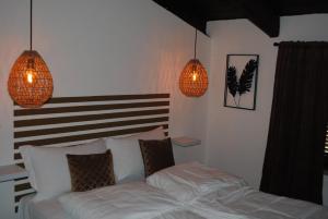 a bedroom with a bed and two pendant lights at Azienda Agricola Tenuta del Barone in Calliano