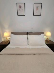 a bed with white pillows and two lamps at Center River Apartment in Florina