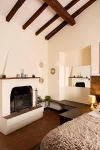 a living room with a fireplace and a bed at Maison Chanely in Calcata