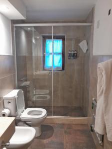 a bathroom with a toilet and a shower at Hotel Las Cascadas in La Cumbrecita