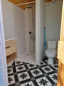 La salle de bains est pourvue de toilettes et de carrelage noir et blanc. dans l'établissement Bellevues Glamping and Camping, à Mérignac