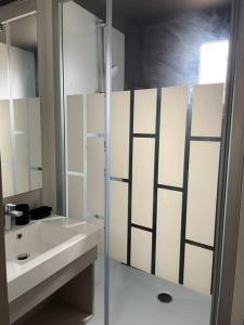 une salle de bains avec douche, lavabo et miroir dans l'établissement Cottage dans Parc Résidentiel de Loisirs, Piscine, 150M de la mer, à Jullouville