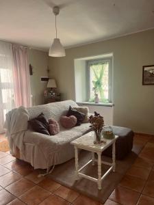 ein Wohnzimmer mit einem Sofa und einem Tisch in der Unterkunft La Maison Apartment in Fanano