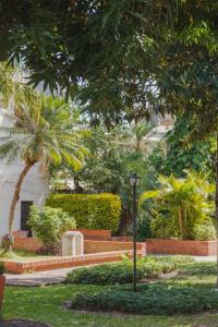 un parque con una valla, palmeras y un semáforo en Alojamiento en pleno centro de Corrientes en Corrientes