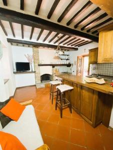 ein Wohnzimmer mit einer Küche mit einer Arbeitsplatte in der Unterkunft La casa del Mike in Borgo a Mozzano